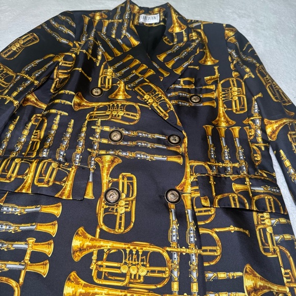 Vintage 1980s Black and Gold Instrument Print Blazer Suit Jacket, 100% Silk - Picture 2 of 10